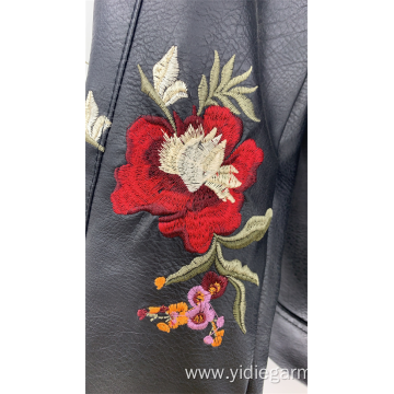 Women's Black Pu Embroidery Jacket